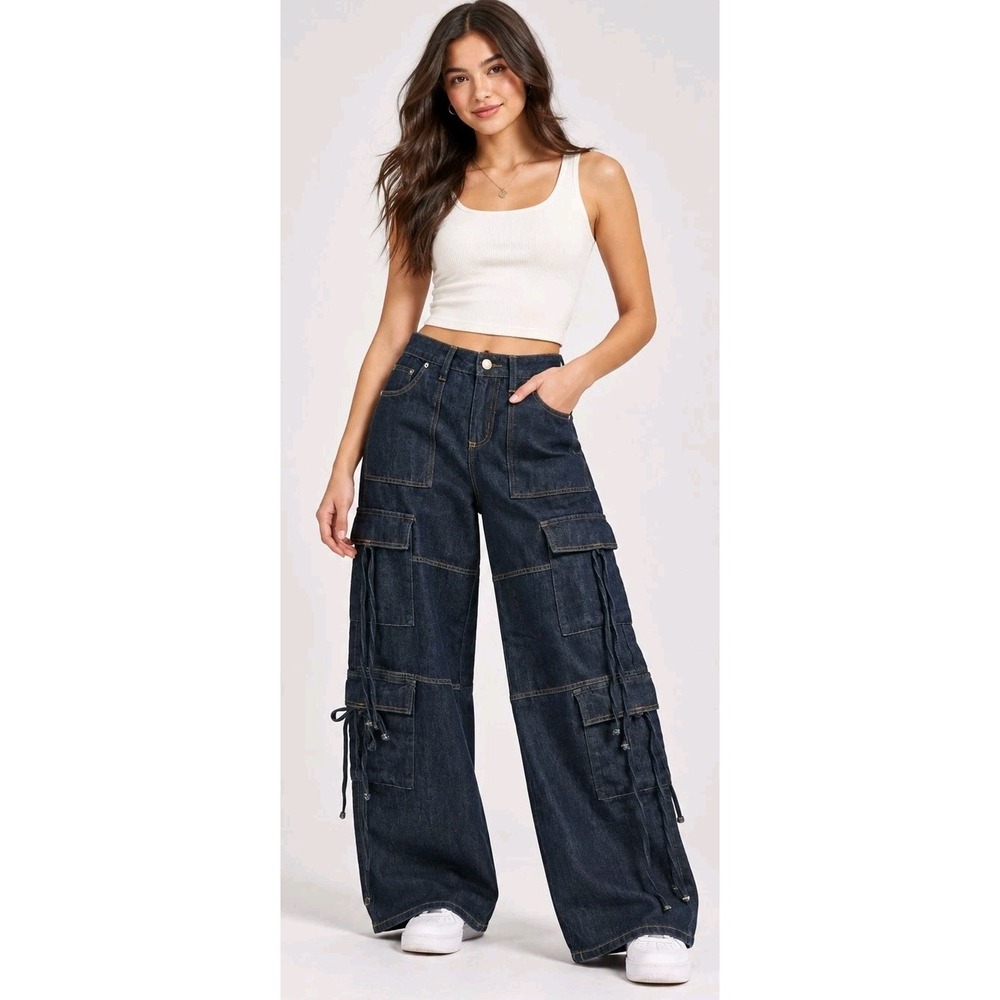 No Boundaries Dark Wash Cargo 0 Wide Leg Jeans Y2K Utility Streetwear NWT